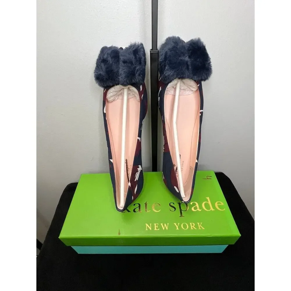 Kate Spade Elen Fox Glen Pom Ballet Flats Navy Multi Size 9 New in Box
